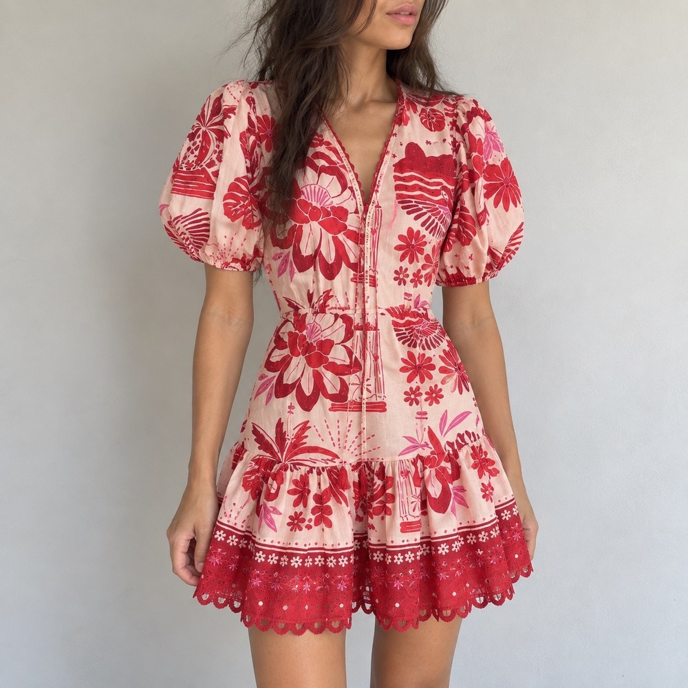 Farm Rio Red White Tiles Mini Dress Cut Out Back Medium Vacation Boho - Picture 12 of 12